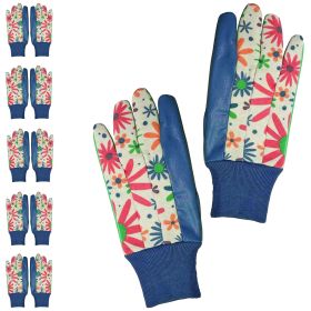 Floral Gardening Gloves for Women, Medium 9" Long, 6 Pairs of Dark Blue Women's Gardening Gloves with Knit Wrist, Bright Print