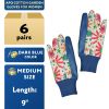 Floral Gardening Gloves for Women, Medium 9" Long, 6 Pairs of Dark Blue Women's Gardening Gloves with Knit Wrist, Bright Print